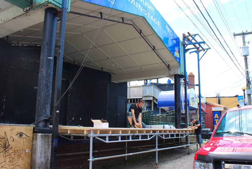Finishing touches are added to the stage in preparation for the George Street Festival beginning on Thursday.
