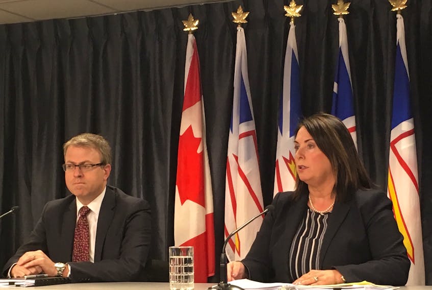 Newfoundland and Labrador Natural Resources Minister Siobhan Coady and assistant deputy minister John Cowan take questions from reporters on proposed changes to the Energy Corporation Act at Confederation Building in St. John’s Thursday.