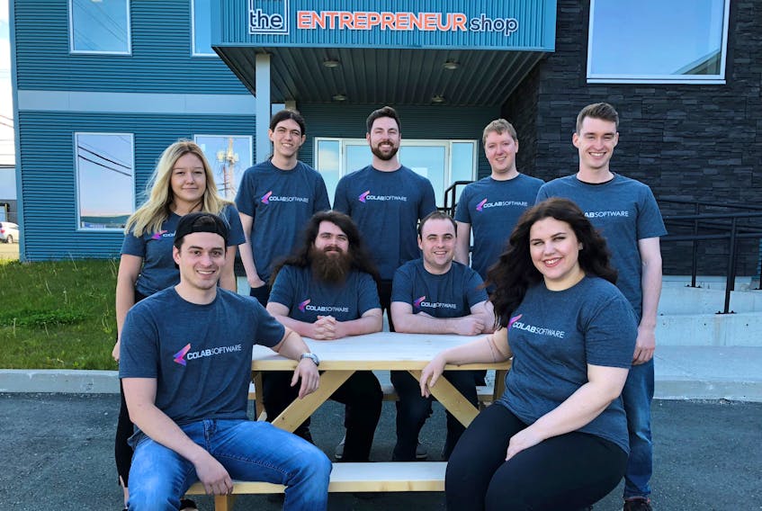 The CoLab Software team is small now, but thanks to a $600,000 investment from a trio of venture capitalists, the St. John’s-based technology firm will be growing in the coming weeks and months. Shown here are (from left, front row)
co-founder and Chief Technical Officer Jeremy Andrews, marketing specialist Cassandra Abbott; (middle row) business development lead Taylor Young, full stack developers Freddie Pike and Alex Collins, front end developer John Barry; (back row) infrastructure and DevOps Connor Whalen, co-founder and CEO Adam Keating, and development lead Jacob Brown.