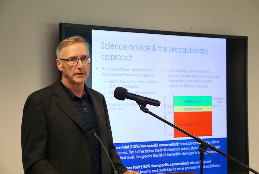 Department of Fisheries and Oceans research scientist Geoff Veinott briefs members of the media Thursday on the results of an in-season stock status report for Atlantic salmon rivers in Labrador.