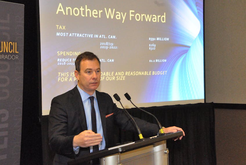 Newfoundland and Labrador Employers’ Council executive director Richard Alexander speaks to the audience at the launch of the Another Way Forward campaign, which aims to offer alternatives to the government’s fiscal management plan. It calls for $600 million in tax cuts and more than $1 billion in spending reductions.