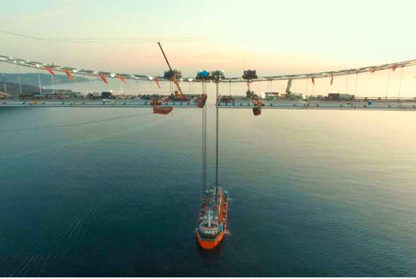 Construction of the Third Bosphorus Bridge began in 2013, and the final key segment to close the deck was welded in place on March 6, 2016. This company photo of the bridge was released at that time.