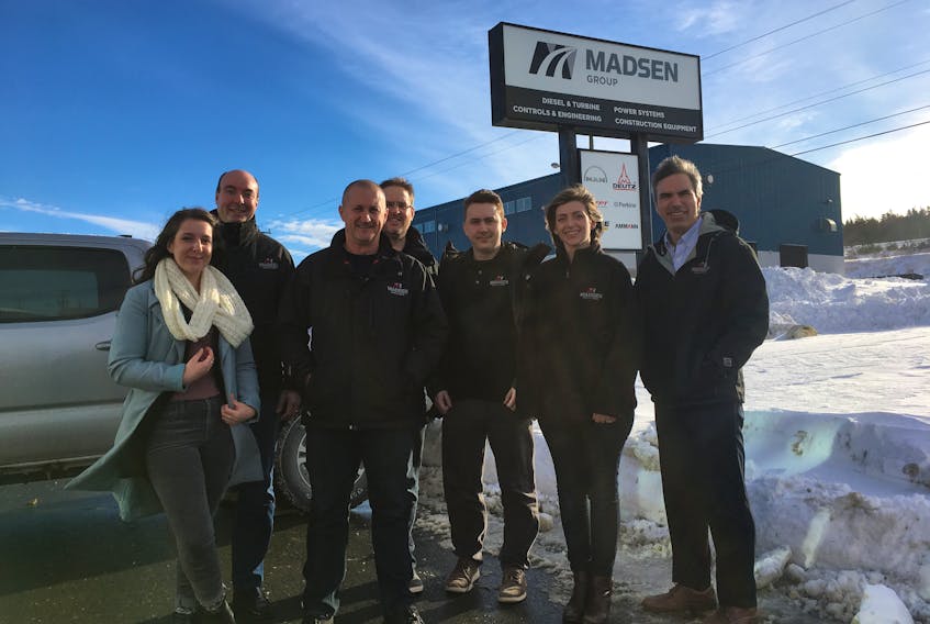 Some of the team at the Madsen Group in Mount Pearl (from left) Victoria Hancock, sales/admin assistant; Mark Hilliard, sales manager; Alan Franklin technical sales rep, Tim Ausum, accountant; Andrew Chaisson, sales; Laura Loder, mechanical services manager and Geoff Pearcey, general manager.