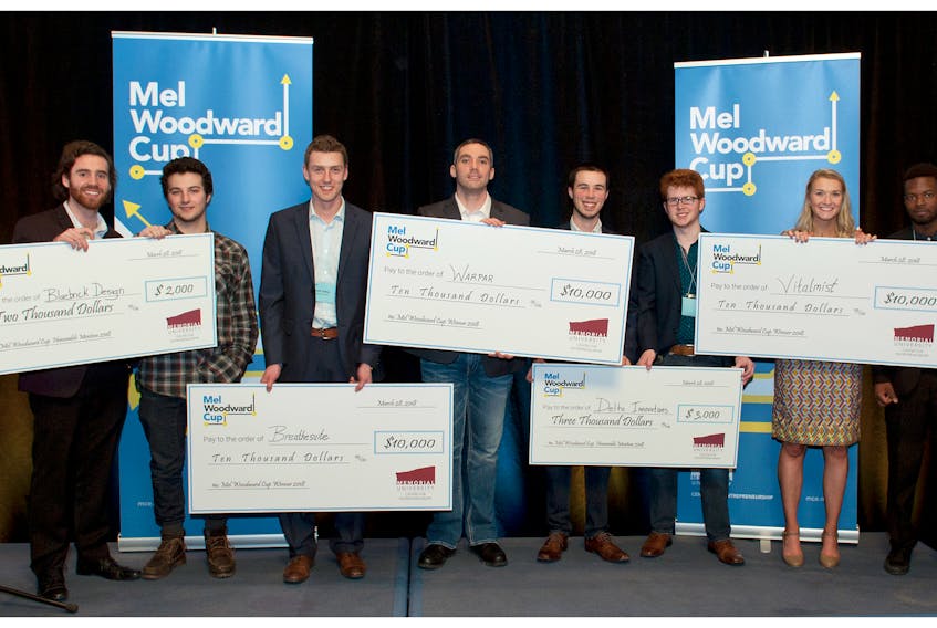 The winners of the 2018 Mel Woodward Cup — a Memorial University student entrepreneur business idea competition that awards $40,000 in seed funding and other supports — are (from left) Luke Tremblett, Bailey Dalton (College of the North Atlantic), Brett Vokey, Warren Parsons, Nathan Hollett, Mark Belbin, Anna Gosine and Simon Macodemba.
