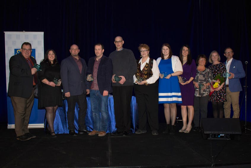 Winners of the Mount Pearl Paradise Chamber of Commerce 2018 Best in Business Awards were (from left) Dave Mitchell, Pennecon; Sarah Wade, Admiralty House; Trevor and Trent McDonald, Body Quest Health & Wellness Centre; Corey Conrad, Coleman’s; Kathy Hawkins, Inclusion NL; Megan Drodge, Mount Pearl Frosty Festival; Susan Park, Hickman Automotive Group; Linda Humby, Young Drivers; Kieley Hickey and Walter Matena, GForce Funderdome Inc. — Stephanie Moyst Photo