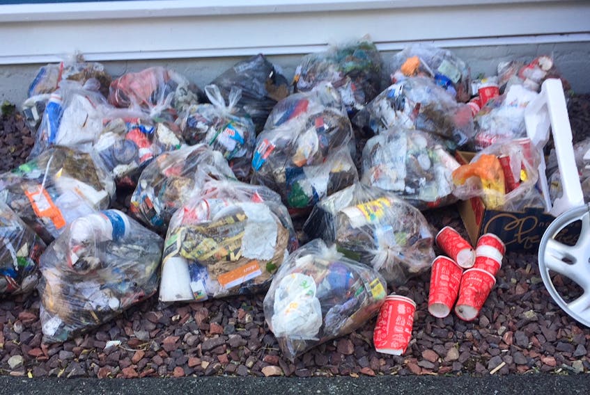 Seven days worth of litter picked up by Barry and Donna Imhoff during their twice-daily dog walks in St. John's.