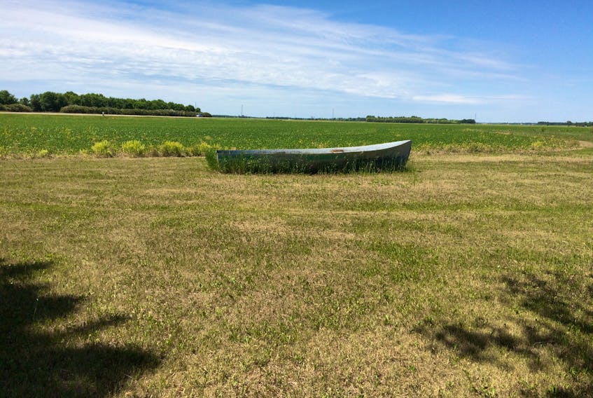 Boat and field, north of Winnipeg.