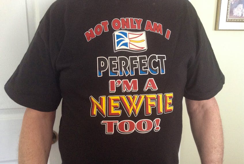 Denis Conway, who moved from Newfoundland and Labrador to the mainland 15 years ago, says he wears this shirt with pride and doesn’t see the problem with the word “Newfie.”