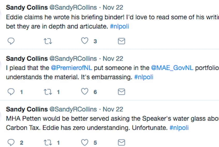 A series of tweets sent by MHA Sandy Collins last week.