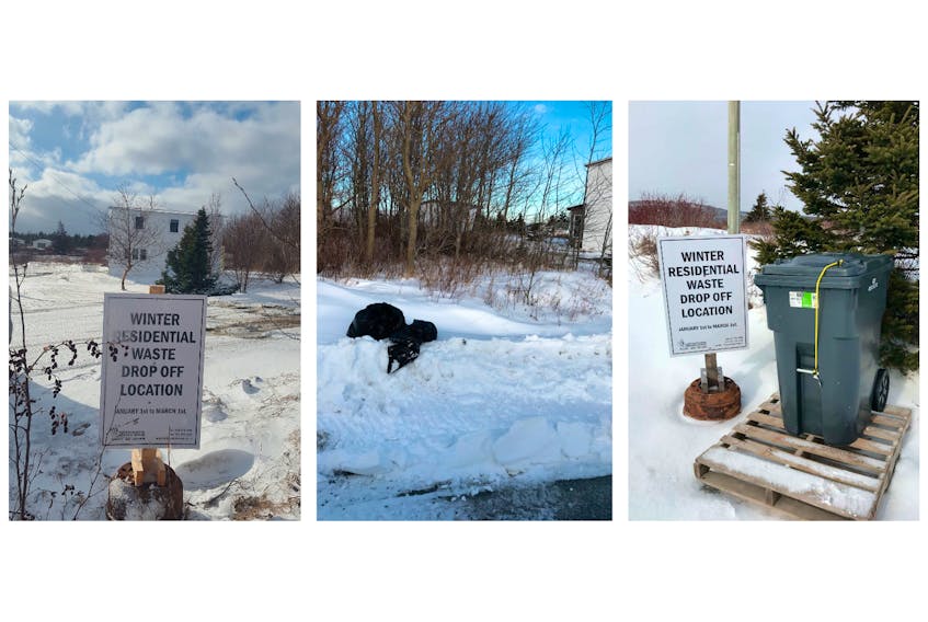 A 2018 photo (left) of a sign near Western Bay Line installed in February after cabin owners met with government officials, and ERSB on Jan. 28, 2018. (Centre photo) A Jan 1, 2019 photo showing garbage left at the drop off point. (Right photo) On Jan. 14 this photo was taken showing a newly installed garbage bin at the site. — Photos courtesy Joe Howell