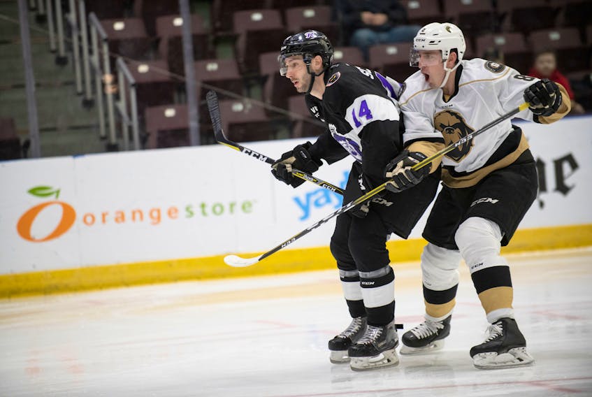 Newfoundland Growlers photo/Joe Chase - Evan Neugold, shown here in action against the Reading Royals this week, has made a nice transition from playing forward to defence.