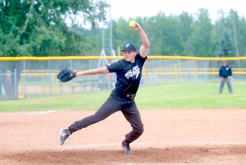 Colin Walsh was the playoff MVP at the 2019 Softball Canada men’s fastpitch championship in Grande Prairie, Alta.,  pitching all four of the Galway Hitmen’s four playoff wins, three of them coming on championship Sunday.  — Postmedia file photo