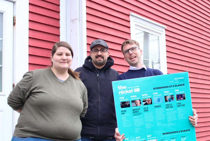 From left, Veronica Dymond, communications co-ordinator for the Nickel Independent Film Festival, filmmaker Joshua Jamieson and Elling Lien, executive director of the Nickel Independent Film Festival, outside the Newfoundland Independent Filmmakers Co-operative after the festival’s launch on Tuesday.