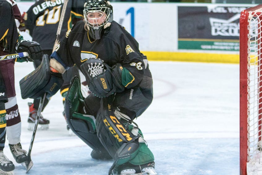 St. Thomas Athletics/SRM Photography - Springdale netminder Abby Clarke is backstopping the St. Thomas Tommies, the top-ranked women’s hockey team in the AUS and ranked fourth in the country.