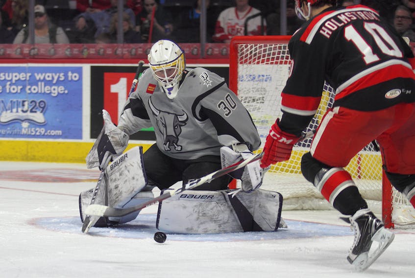 Grand Rapids Griffins photo - Goaltender Evan Fitzpatrick is shown in action for the San Antonio Rampage in a mid-February AHL game against the Grand Rapids Griffins in Grand Rapids, Mich.