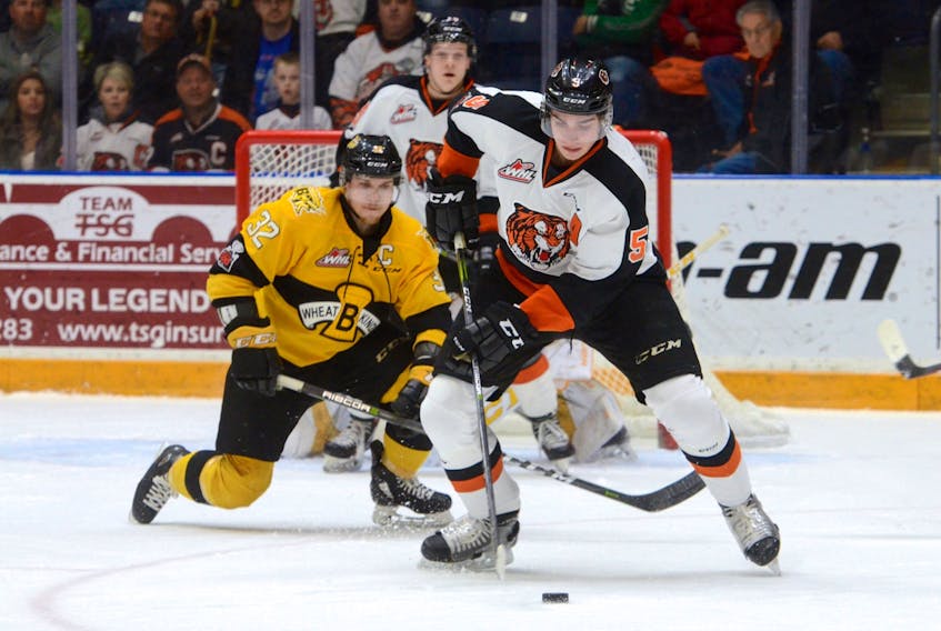 Kristians Rubins, shown here playing for the Medicine Hat Tigers in a Western Hockey League game against the Brandon Wheat Kings last season, is the newest signing by the ECHL’s Newfoundland Growlers.