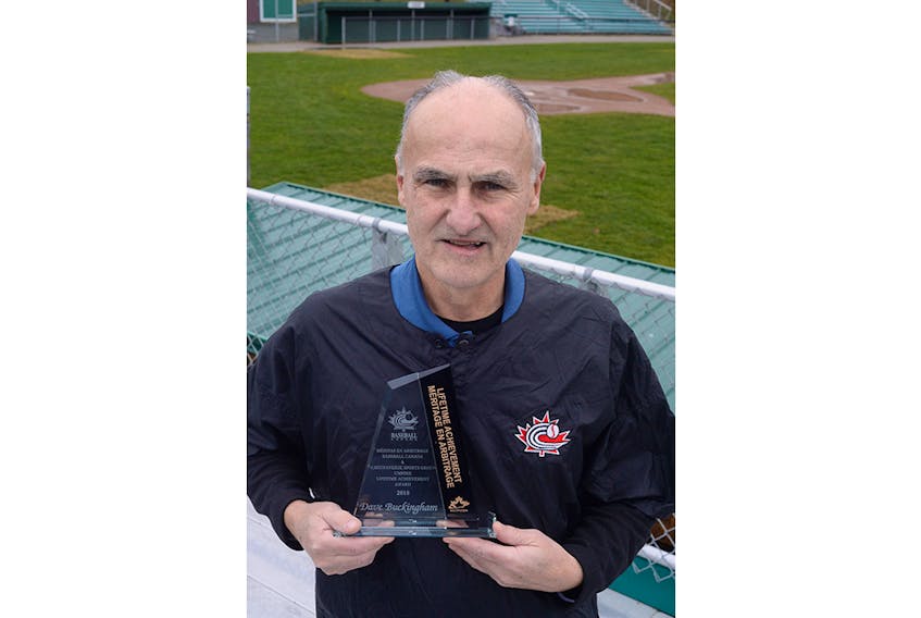 Dave Buckingham, who starred for years at St. Pat’s Ball Park before embarking on a lengthy umpiring career, recently received the coveted Baseball Canada Umpire Lifetime Achievement Award.