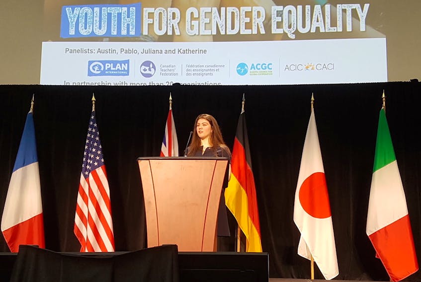 Katherine Dibbon, a Grade 12 student at Waterford Valley High in St. John’s, makes a presentation to a group of youth delegates at the Youth for Gender Equality Conference in Ottawa April 13-16.