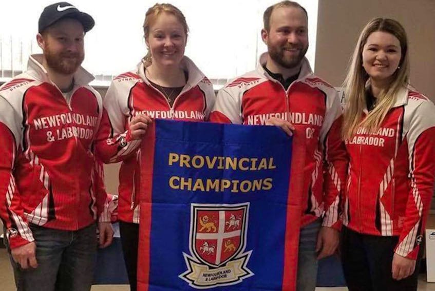The St. John's rink of (from left) skip Cory Schuh, third Erin Porter, second Andrew Taylor and lead Brooke Godsland plays Quebec and New Brunswick in their final two games of championship pool play at the national mixed curling championship. — Newfoundland and Labrador Curling Association