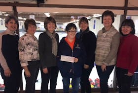 Bally Haly Ladies Curling Invitational Committee members present a cheque for $2,000 to Special Olympics NL.  Pictured in the photo (from left) are committee members Barb Miller, Margie Pearcey, Marie Parsons; Special Olympics athlete Heather Miller and Special Olympics NL Executive Director, Trish Williams; committee members Beverley Janes and Anne Marie Smyth.