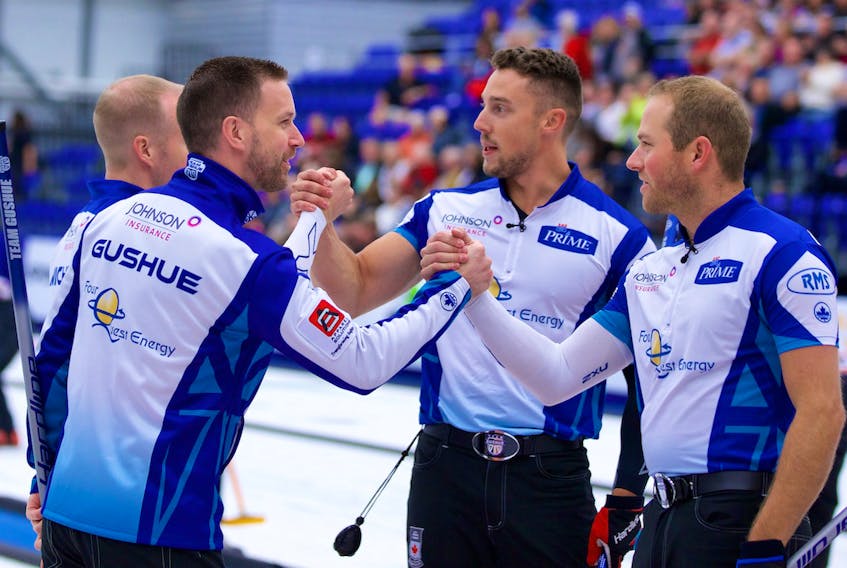 File photo/Grand Slam of Curling photo/Anil Mungal — Brad Gushue celebrates with teammates Mark Nichols (left, behind Gushue), Brett Gallant and Geoff Walker (right) after their win in the 2017 Tour Challenge Grand Slam event. All indications are that the Gushue foursome will stay together next season, although there is a good chance the rink might have to avail itself of Curling Canada’s “free agent” rule, which allows teams to have one out-of-province resident.