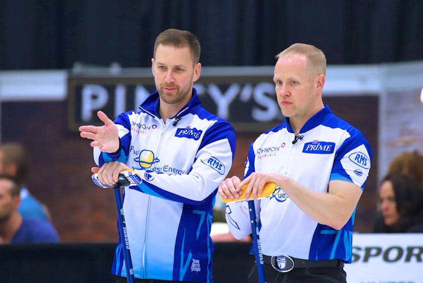 Grand Slam of Curling/Anil Mungal —Brad Gushue believes he and longtime third Mark Nichols (right) will benefit from having already won Olympic gold as they compete at the Olympic Trials in Ottawa. “For myself and Mark, in particular, there’s probably a whole lot less pressure on us than there is on a lot of other curlers,” he said.