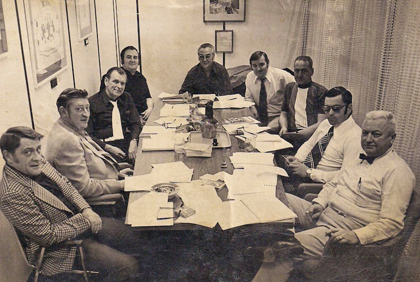 This photo shows the executive of the Canadian Amateur Softball Association (later Softball Canada) during a 1971 meeting in Ottawa. Those in attendance included (from left) federal government representative Ted Petersen, unknown, Ward Lloyd of British Columbia, Dee Murphy of Newfoundland, president Bob Van Impe of Saskatchewan, executive director Larry Skinner, unknown, Ray Veseau of Quebec and Ed Corbett of Alberta. The national governing body for softball had been formed six years before, with Newfoundland, through Murphy, being a catalyst for its creation.