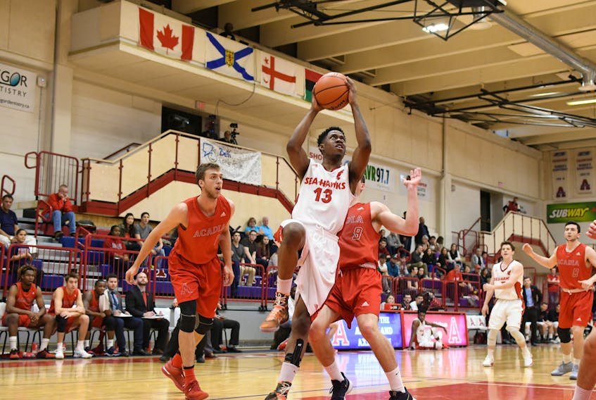 Daniel Gordon (13), shown in action against the Acadia Axemen last weekend, has been super coming off the bench during his career with the Memorial Sea-Hawks. If the Sea-Hawks are to find any success in their home openers against the Dal Tigers this weekend, they’ll need more of the same from the fifth-year guard from Ajax, Ont.