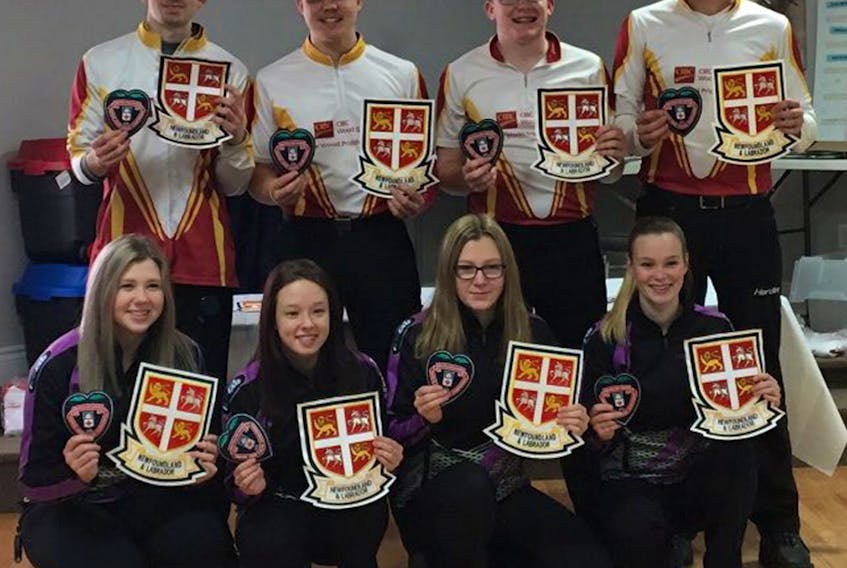 Members of the teams representing Newfoundland and Labrador at the 2018 national junior curling championships show off the patches they’ll be wearing at the event, which begins today in Shawinigan, Que. Members of the teams are (from left) front row: Mackenzie Glynn, skip of the junior women’s rink out of St. John’s, third Katie Follett, second Sarah Chaytor and lead Camille Burt; back row: Daniel Bruce, skip of the junior men’s team from the Corner Brook Curling Club, third Ryan McNeil Lamswood, second Andrew Bruce and lead Nathan King.