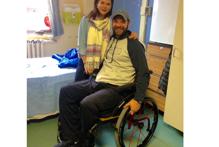 Geordie Horan and his girlfriend Dayna Humphries pose for a photo in Horan’s room at the Dr. Leonard A. Miller Centre in St. John’s Wednesday. Two months ago, Horan suffered a workplace injury that left him partially paralyzed.