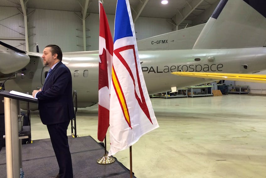PAL Aerospace CEO Brian Chafe speaks at a press conference where it was announced that the company's contract to provide aerial surveillance for Canada’s inland, coastal and offshore waters on behalf of the Government of Canada was extended by at least five years.