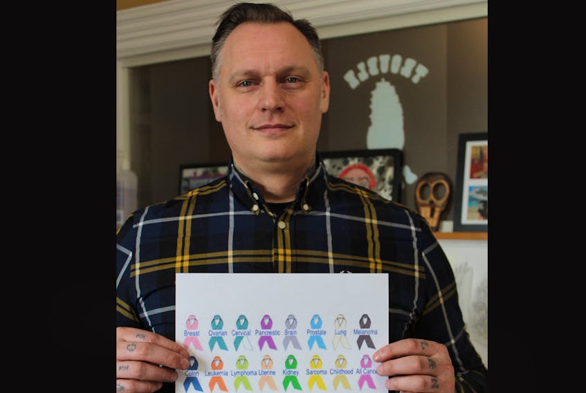Dave Munro, owner/operator of Trouble Bound Studio on Water Street in St. John’s is hosting the studio’s 8th Annual cancer ribbon tattoo fundraiser today. His studio will be offering the public a chance to get a cancer ribbon tattoo in the appropriate colour of the form of cancer that has impacted their lives.