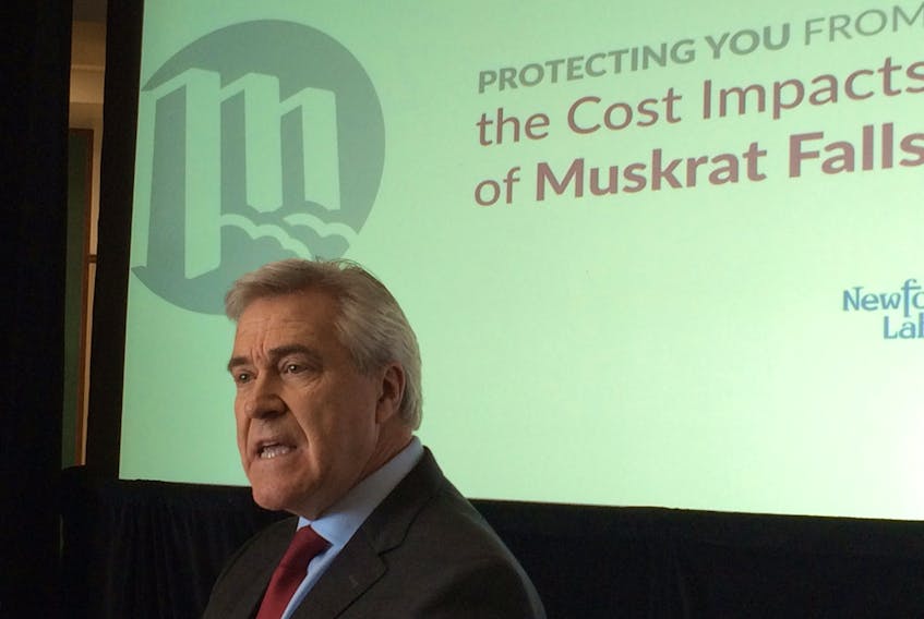 Premier Dwight Ball speaks at an announcement about the government’s plan to deal with mitigation of electricity rates at Confederation Building Monday morning.