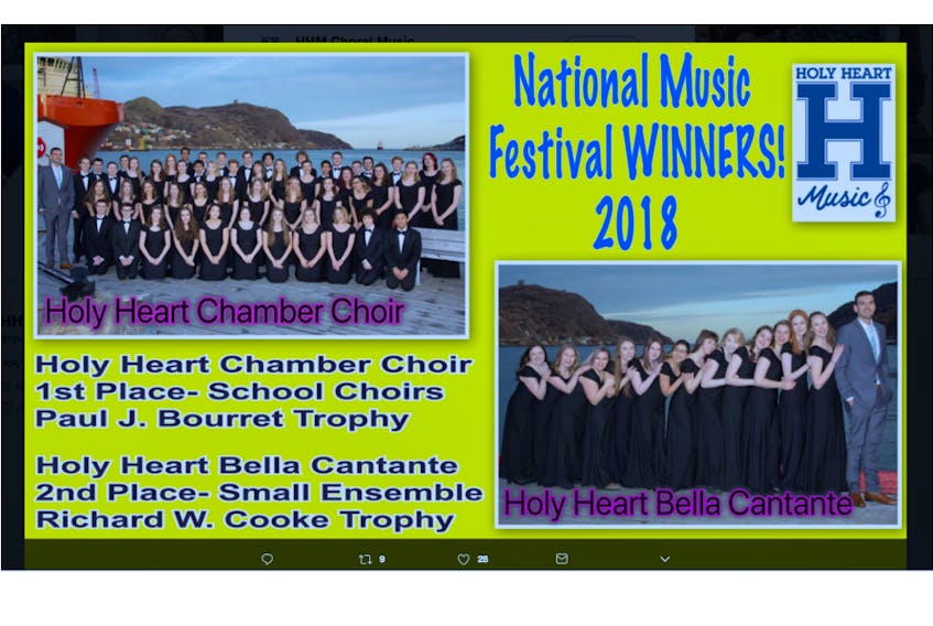 An excited tweet from the Holy Heart choirs featured a photo of both groups — the Chamber Choir and the Bella Cantante. — Twitter image -