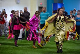 In recognition of National Indigenous Peoples Day on Thursday, the St. John’s Native Friendship Centre held celebrations to mark the event at the Techniplex sports complex in Pleasantville. Above (from left) Alaina Joe, Adriana Pack and Rebecca Sharp, perform a drum dance during the opening ceremonies.