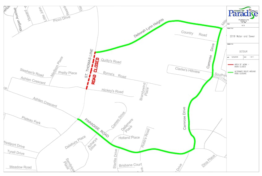 This map provided by the Town of Paradise outlines the area to be closed, as well as detour routes.