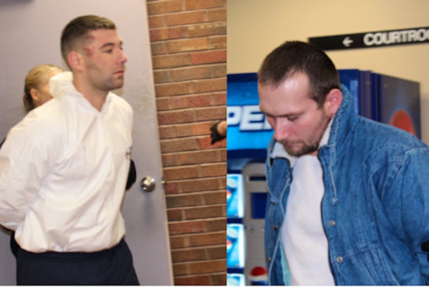 At left, Adam Hayden, 31, appeared in provincial court on Saturday to hear the charges against him. At right, Travis Wade, 33, appeared in court on Saturday to hear his charges, including armed robbery and forcible confinement, among others. Both are due back in court today for a bail hearing.