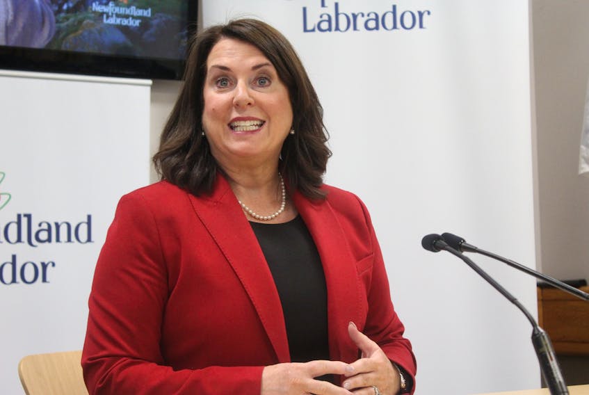 Natural Resources Minister Siobhan Coady speaks to reporters Tuesday at the budget lockup for media.