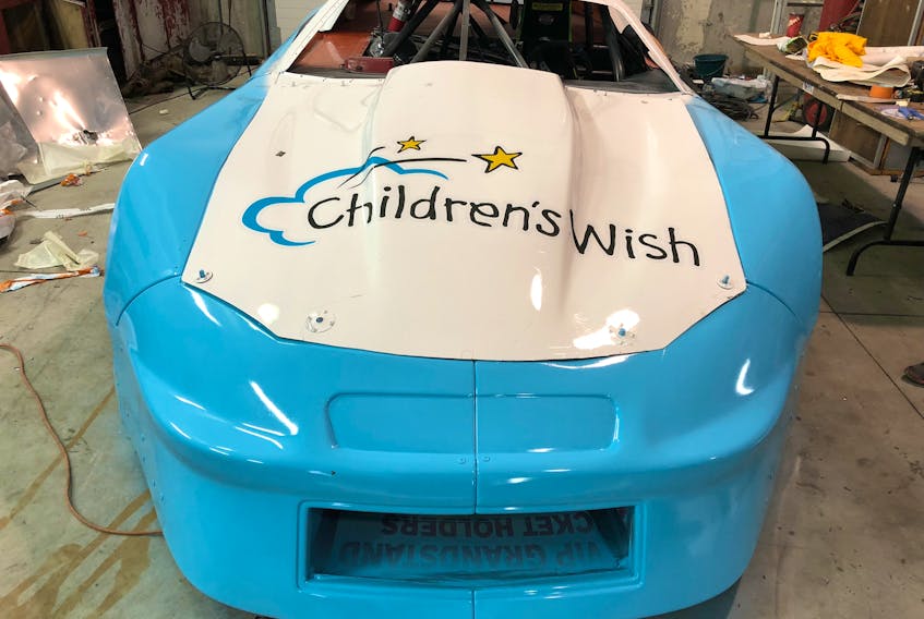 Phil Fowler’s #11 Chevrolet was painted bright blue Thursday night in honour of the Children’s Wish Foundation. The final touches are still in the works and will be unveiled at Eastbound Park when he races for wishes on Sunday.