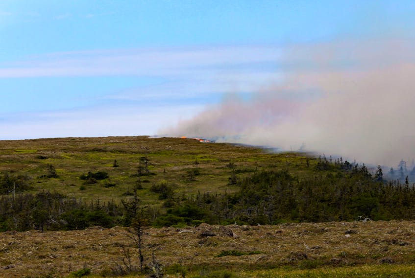 Winds blowing at 35 km/h are making it difficult for fire crews to battle a forest fire in the Cappahayden area of the Southern Shore region of the Avalon Peninsula Monday. Shown above are flames and smoke from the blaze from an image taken on Sunday afternoon and posted on Facebook by Randy Wheeler.
