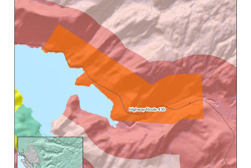 The relocation of a segment of the power line corridor on Southeast Hills in Gros Morne National Park has forced changes to usage of the areas marked in this map.