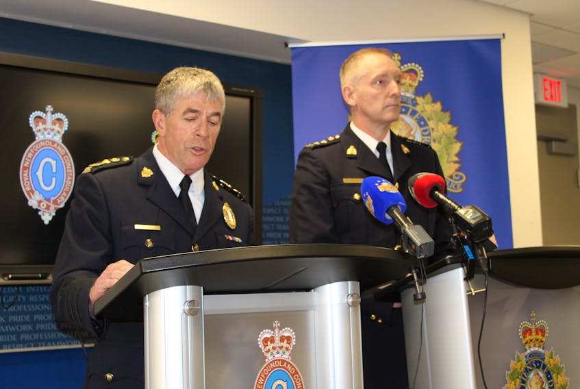 Royal Newfoundland Constabulary Chief Joe Boland (left) and Royal Canadian Mounted Police Chief Superintendent Garrett Woolsey address the media about a collective plan to ensure effective targeting of resources to combat serious crime, drug trafficking and child exploitation at a media conference on Thursday at RNC headquarters in St. John’s.