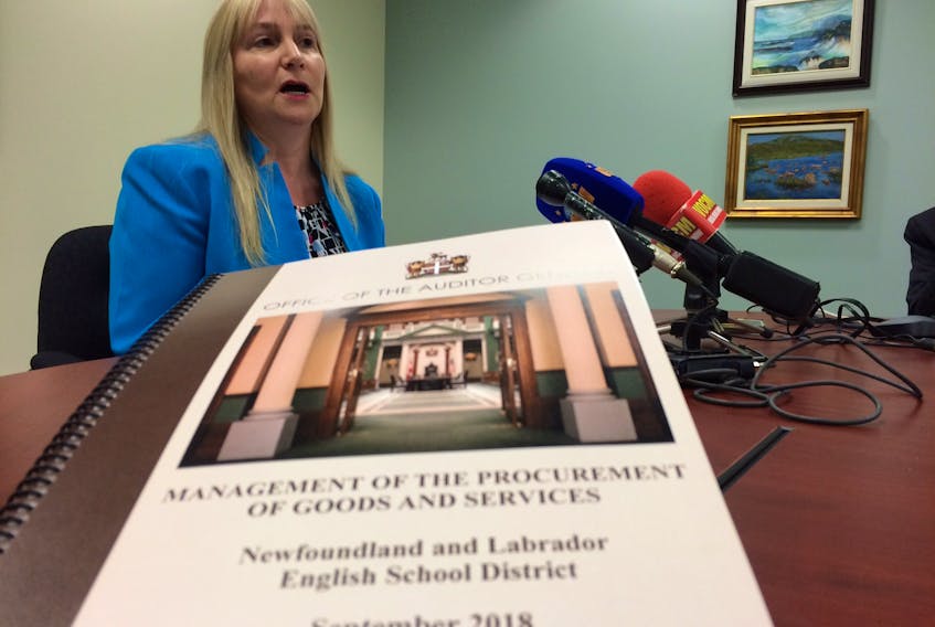 Auditor General Julia Mullaley speaks to media on Wednesday morning about a special report on the Management of the Procurement of Goods and Services at the Newfoundland and Labrador English School District (NLESD).