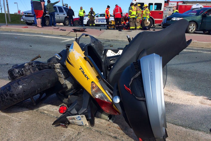 A rider of this motorcycle was taken to hospital with undisclosed injuries on Tuesday afternoon after he collided with a car at the intersection of Portugal Cove Road, Higgin’s Line and Newfoundland Drive around 4:30 p.m. — JOE GIBBONS/THE TELEGRAM