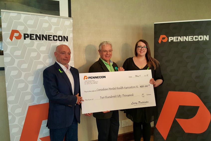 Pennecon has pledged $250,000 towards increased awareness of mental health issues for a program that will improve the lives of those suffering from mental health initiatives. A presentation of the cheque was done with Dan Goodyear (centre), executive director of the Canadian Mental Health Association of Newfoundland and Labrador. He received the donation from Larry Puddister, CEO Pennecon and his daughter Kelsey Puddister.