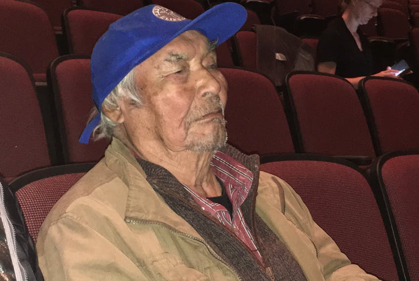 Innu elder Sebastian Penunsi awaits his call to the witness stand at the Muskrat Falls Inquiry, waiting in the seats of the Lawrence O’Brien Arts Centre in Happy Valley-Goose Bay. Penunsi was born in Labrador in 1930 and spoke to the history of use of the area of the lower Churchill River, the area of the Muskrat Falls hydro project.
