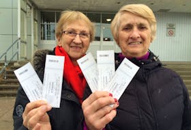 St. John’s residents — and sisters — Agnes Duke (left) and Mary McGrath, celebrate their purchase of tickets to attend a performance of “Come From Away” which opens Wednesday in St. John’s at Holy Heart Theatre. The sisters purchased the tickets at the Holy Heart Theatre box office when it opened just after 10 a.m. this morning (Tuesday). They arrived at the box just before 6 a.m. to wait in line for their tickets for the opening matinee show at 1:30 p.m. on Wednesday afternoon. There are a total of eight shows running from Wednesday through Sunday (1:30 p.m. and 7:30 p.m. ) The theatre, which holds 976 fixed seats and 24 wheel chair zone seats (12 users/12 attendants). A spokesperson at the theatre said she expects all eight shows to be full with 1,000 per show seated.