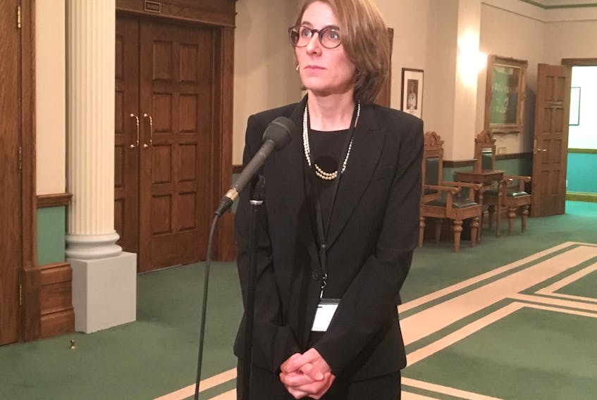 Kate O’Brien, co-counsel with the Muskrat Falls Inquiry, responds to questions from reporters from The Telegram and NTV outside of the House of Assembly following a Management Commission meeting on Thursday morning.