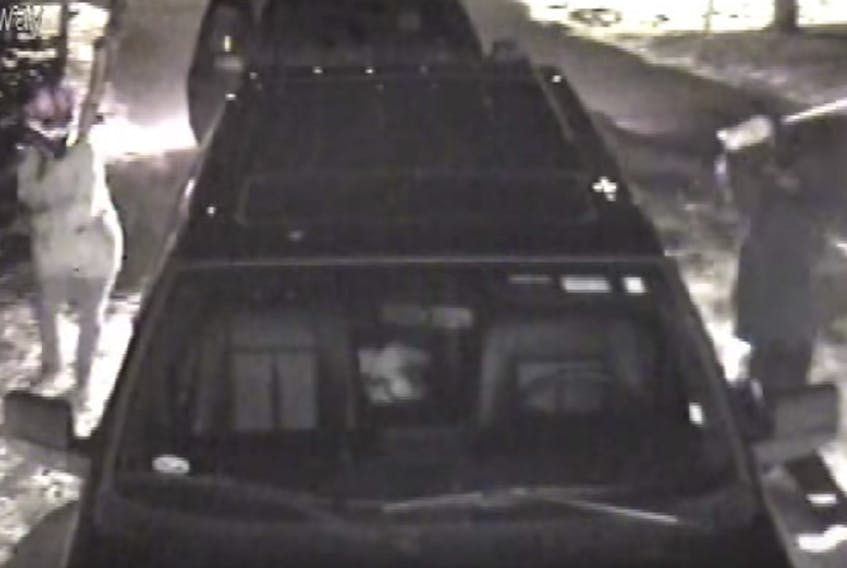 Two people can be seen smashing out the windows of a vehicle outside a home in the east end of St. John’s late Feb. 22. Police are looking for information on the incident.
