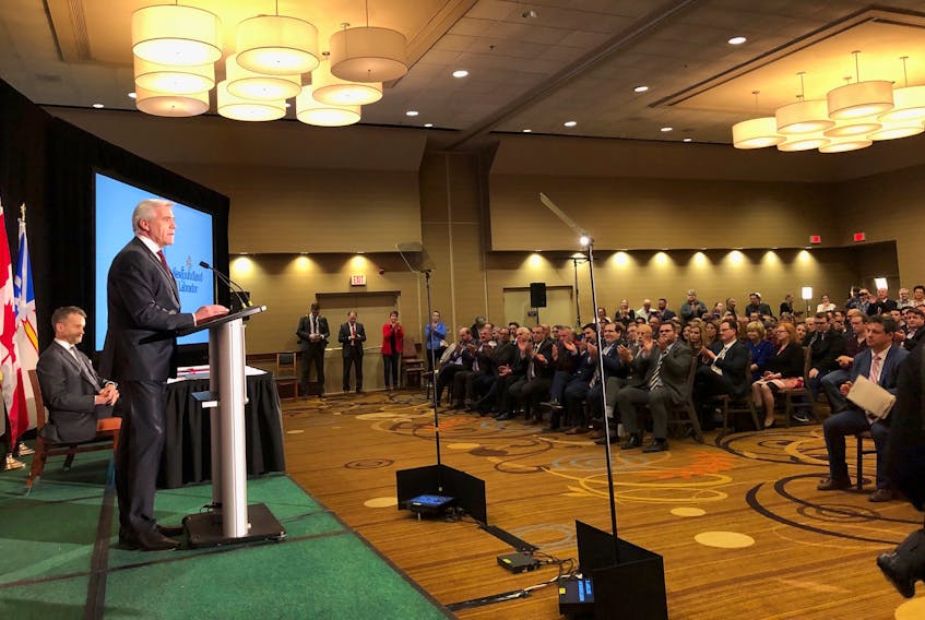 Seamus O’Regan (left), Newfoundland and Labrador’s representative in the federal cabinet, and Premier Dwight Ball at an announcement about the Atlantic Accord Monday evening at the Sheraton Hotel Newfoundland in St. John’s.
